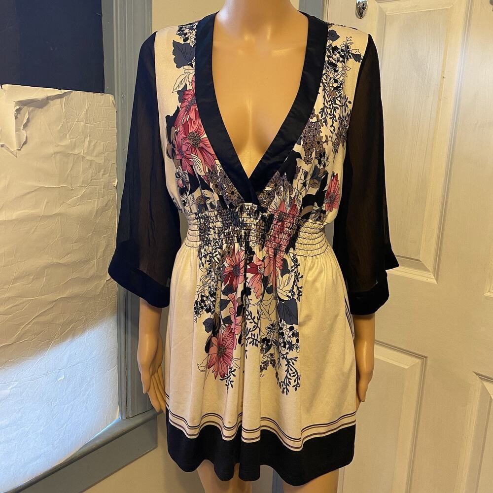 XXI Y2K Women 1/M Top Kimono Mini Dress Swim Coverup Floral Cottagecore Coastal